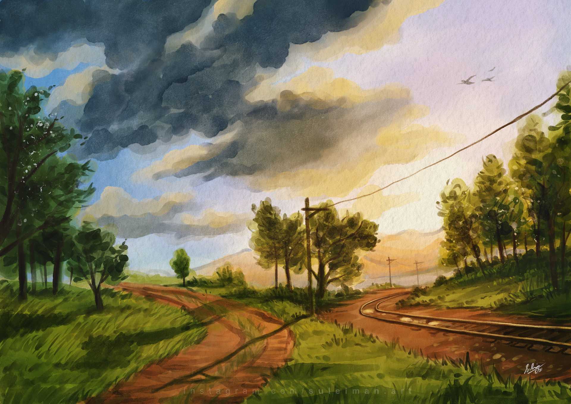 Watercolor painting of train tracks