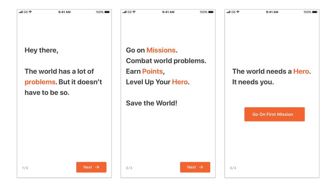 cause hero new user onboarding shots