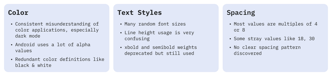 design tokens - style inventory findings